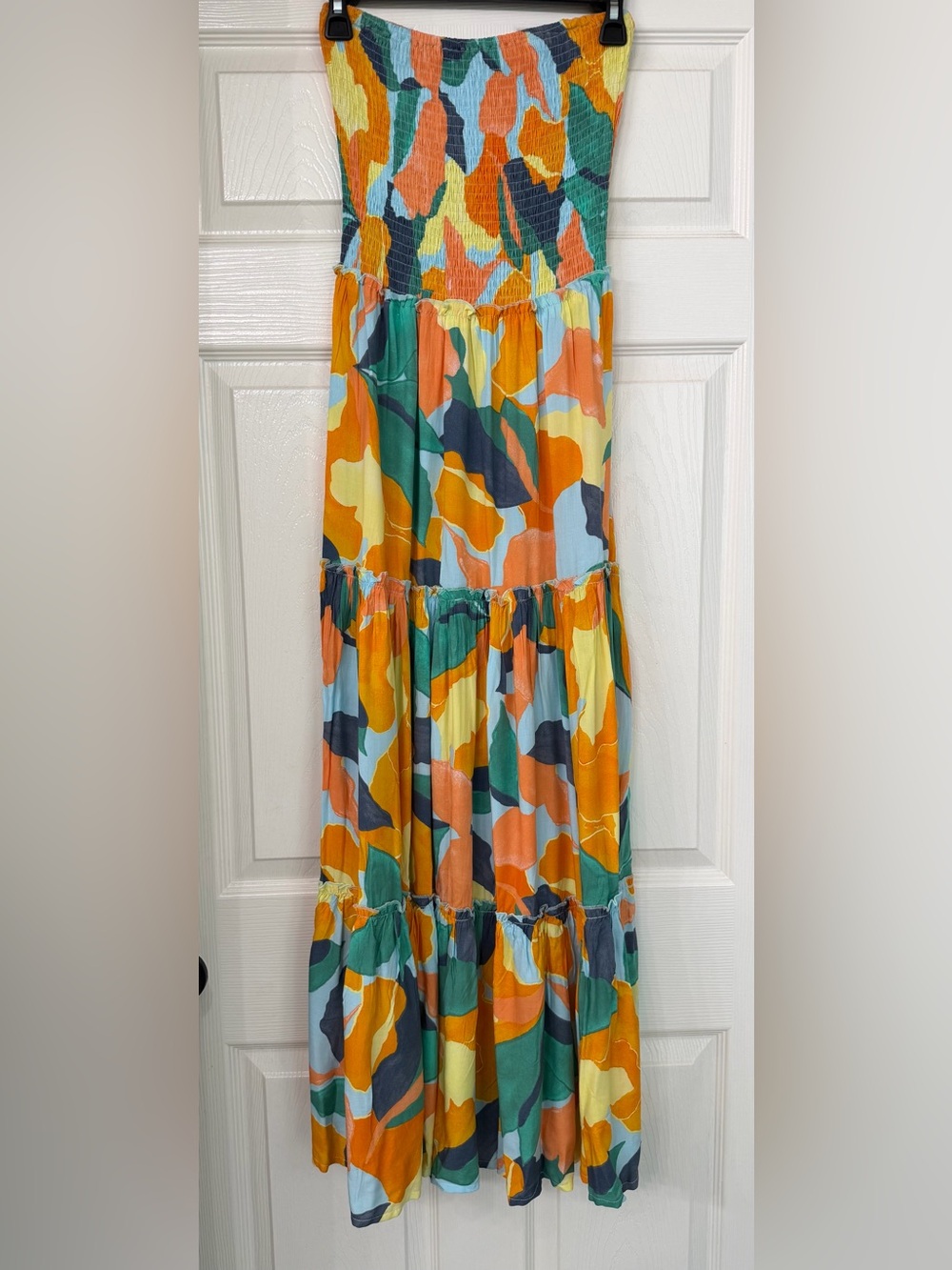 Abel the Label Strapless Sundress Smocked  Green Blue  Floral Maxi Dress Small